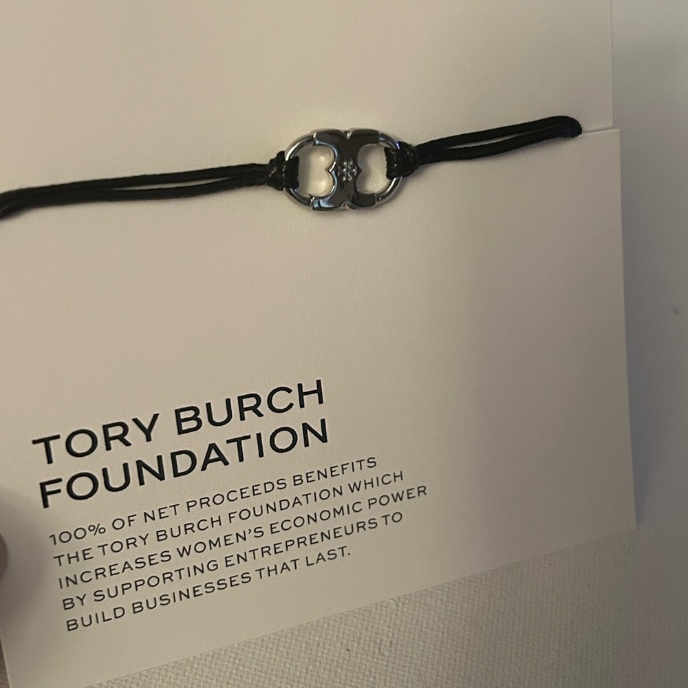 Tory Burch Black Cord Bracelet with Silver Logo Charm - Picture 2 of 6